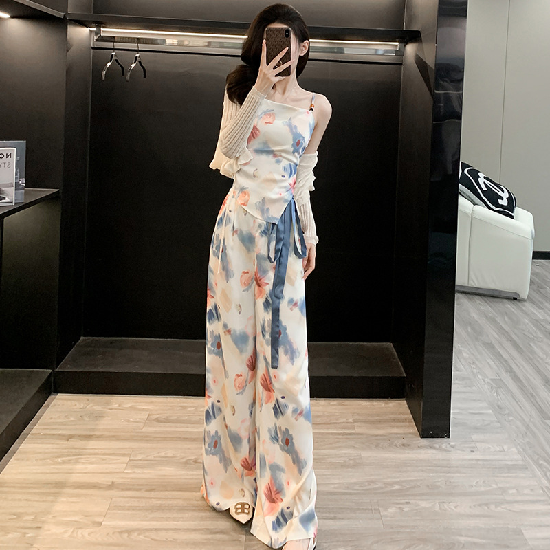 网红炸街时尚套装女2025夏新款气质绝美吊带背心垂感阔腿裤
