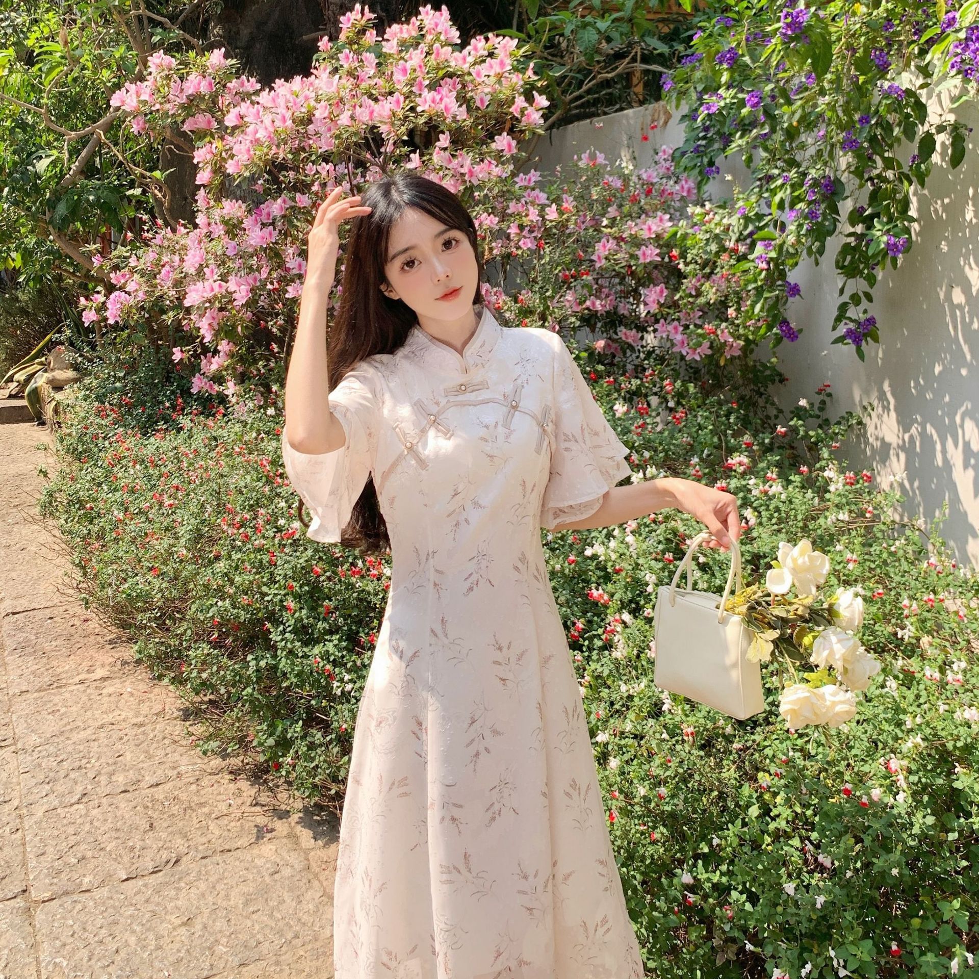 2025年大码新中式旗袍复古民国小清新连衣裙温柔风茶歇桔梗裙