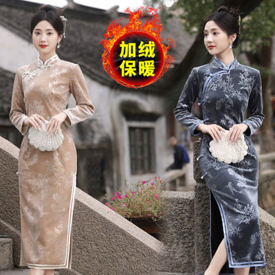 冬季旗袍女新中式秋冬款2023新款冬日长袖妈妈加绒连衣裙冬天