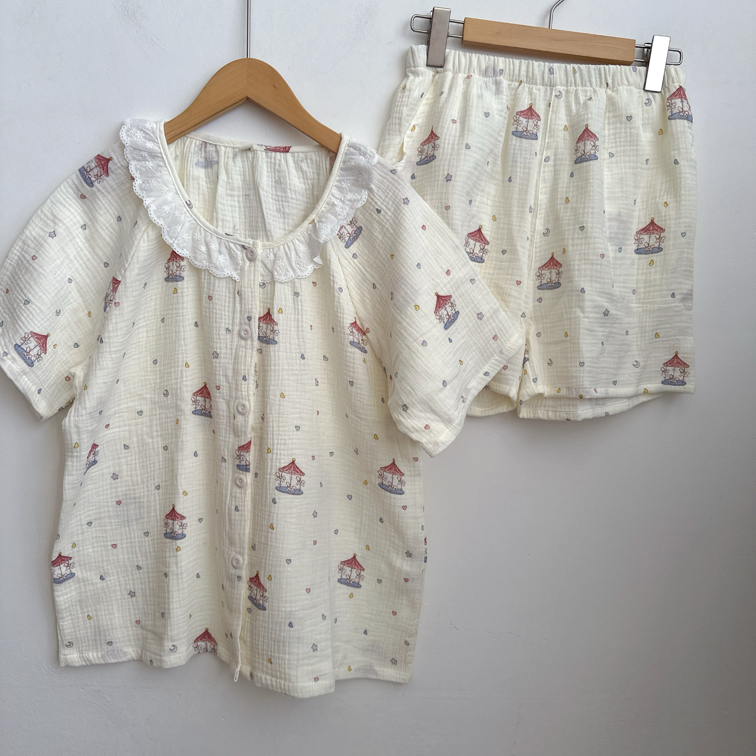 双层纱纯棉睡衣女夏短袖短裤纱布家居服棉纱套装