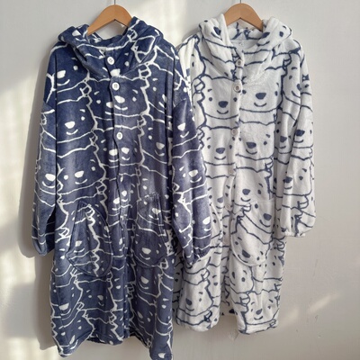 秋冬保暖男女珊瑚绒法兰绒睡裙袍子连帽可爱家居服睡衣