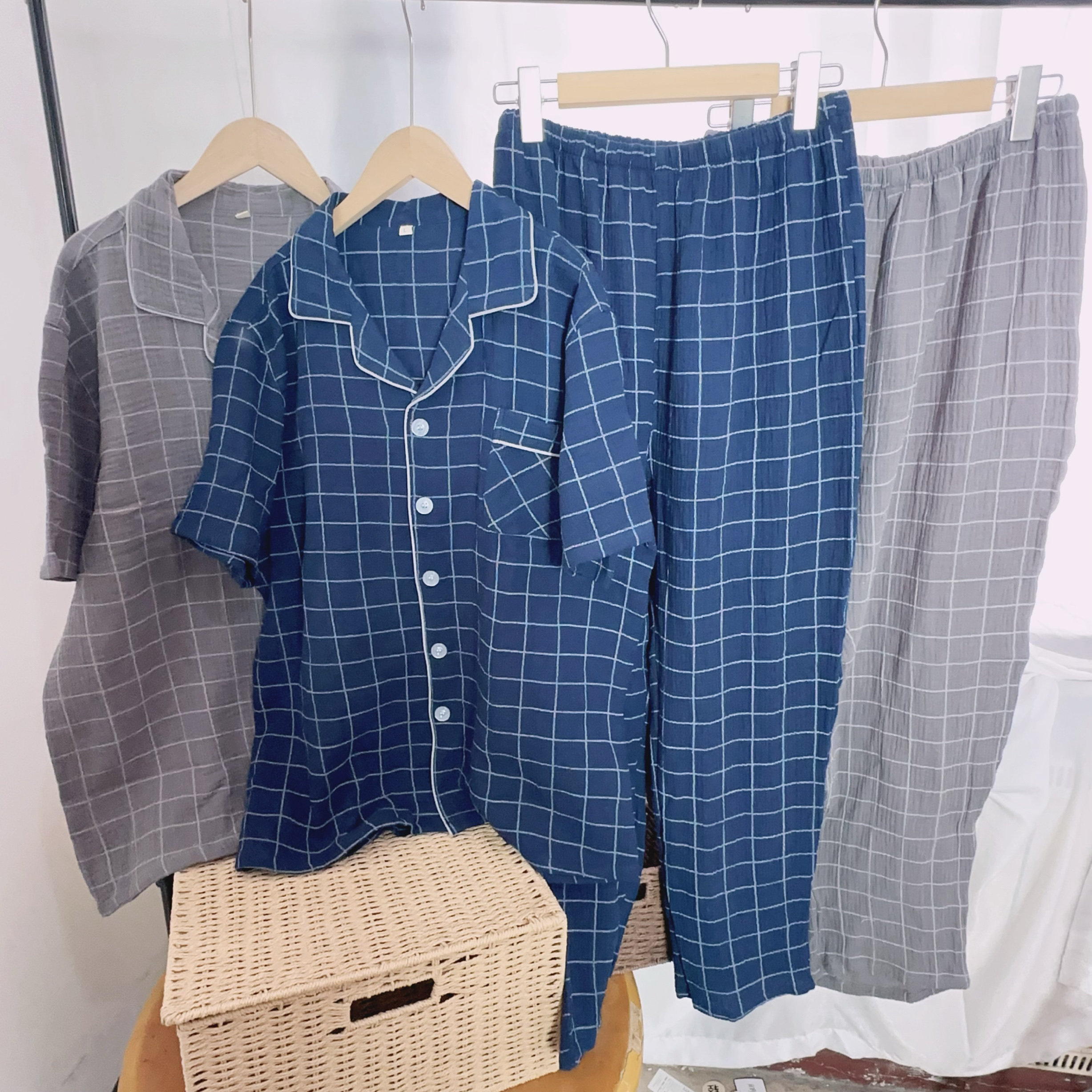 夏季男士睡衣纯棉纱布短袖长裤套装空调房家居服薄款全棉格子