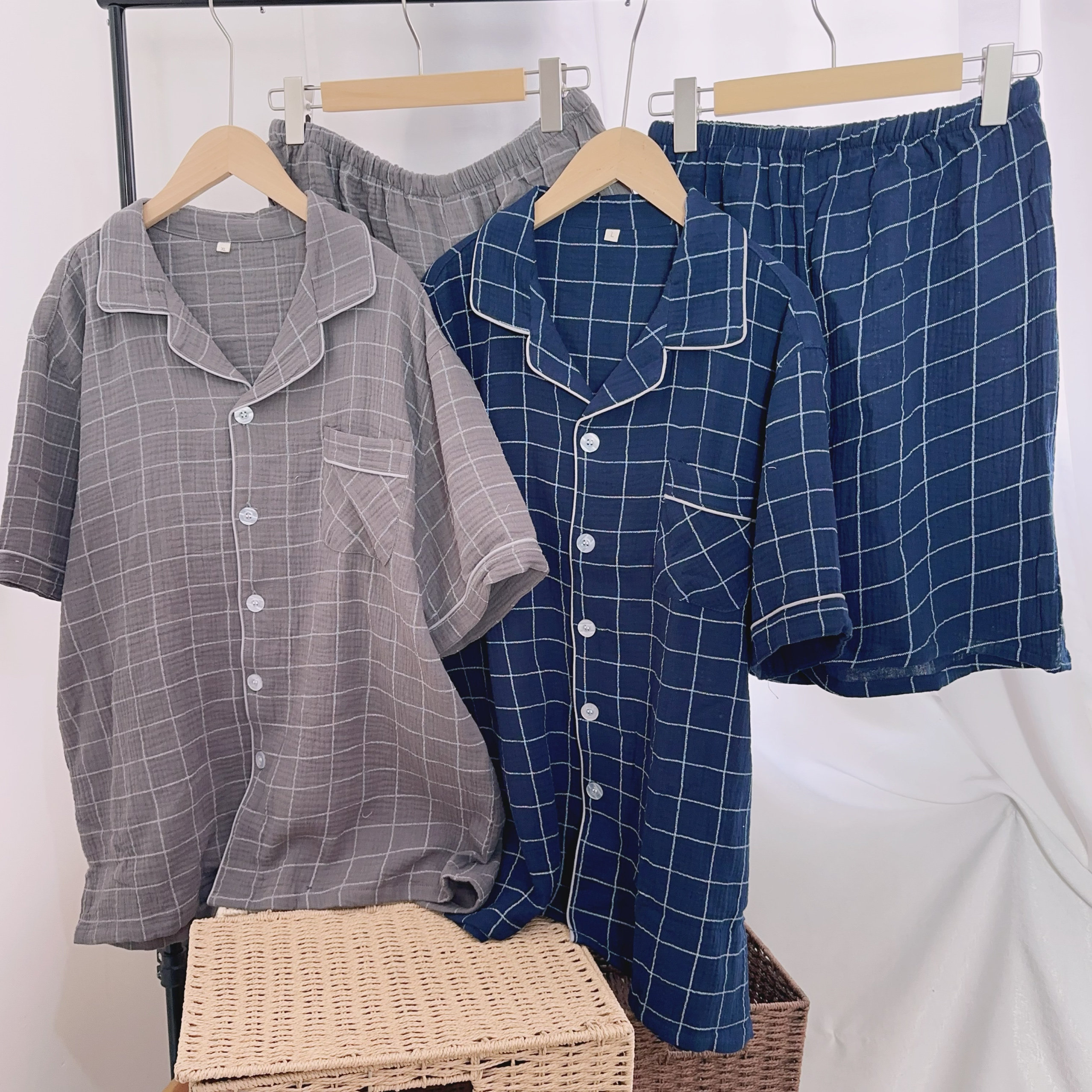 夏季男士睡衣纯棉纱布短袖短裤套装空调房家居服薄款全棉格子