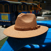法式 复古卡其色宽檐编织巴拿马爵士礼帽男女夏天遮阳防晒沙滩草帽