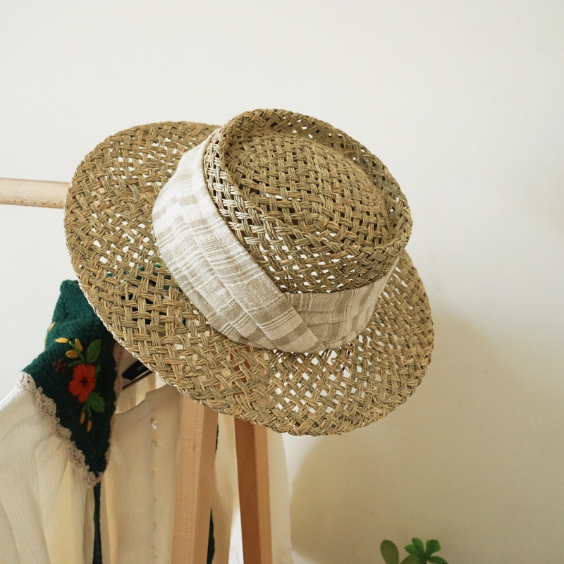 日系复古棉麻布海草编织遮阳防晒平顶小檐礼帽女夏天度假沙滩草帽