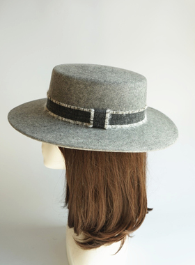法式复古优雅灰色帽子羊毛呢平顶礼帽男女秋冬英伦百搭巴拿马毛毡