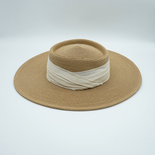 韩国日系棉麻布细纸编平顶礼帽女夏天法式复古遮阳度假沙滩草帽