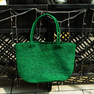拉菲草编织绿色托特包女夏高级感小众手提包大容量休闲度假单肩包