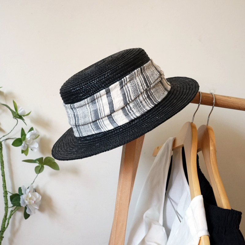 黑色复古棉麻布日系中式麦秆草编平顶礼帽女夏天遮阳防晒太阳草帽