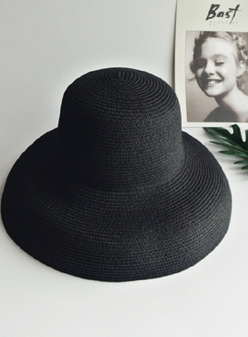 网红同款夏天女赫本法式复古橙色黑色钟形大檐礼帽度假沙滩太阳帽