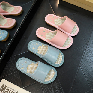 儿童卡通真牛皮棉麻亚麻凉拖鞋 夏季 女居家防滑软底防臭小孩宝宝男