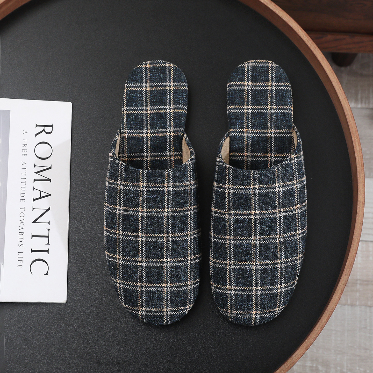 日式春秋四季包头格子居家布艺凉拖鞋男女室内木地板防滑软底静音
