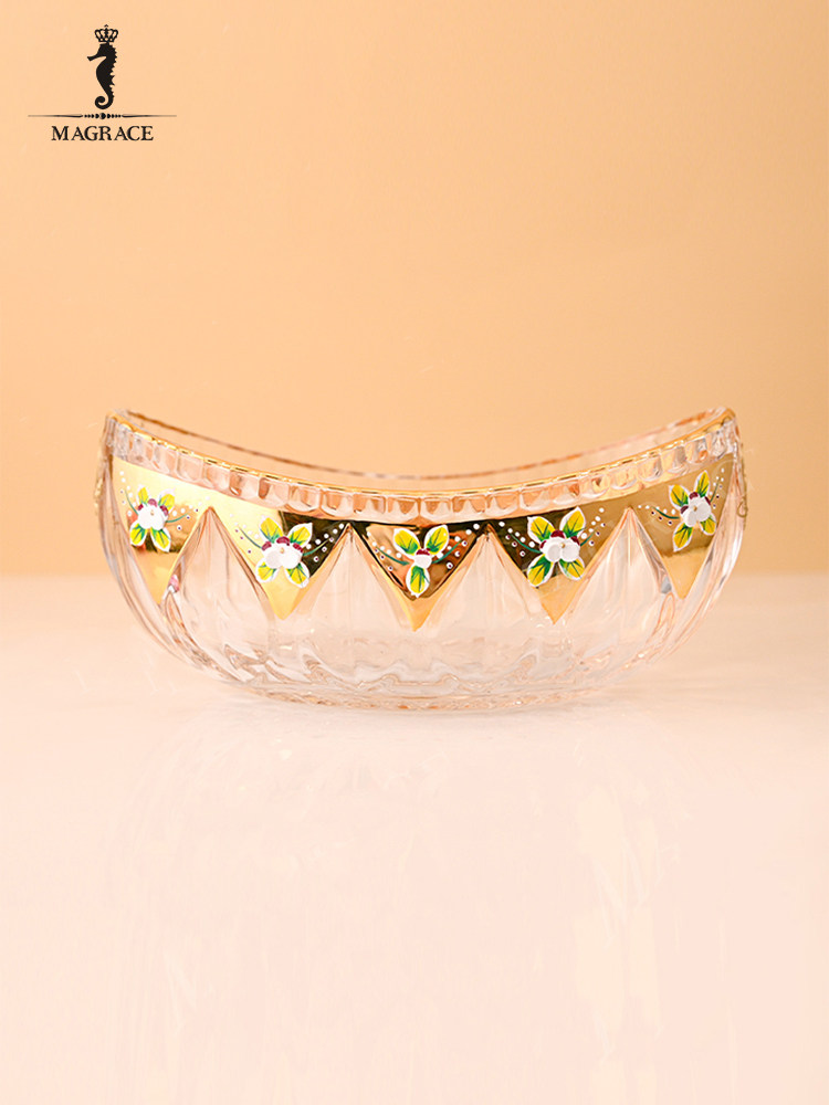 手绘琉璃描金珐琅花船大号水晶玻璃果盘水果盘家居装饰果盘大果斗