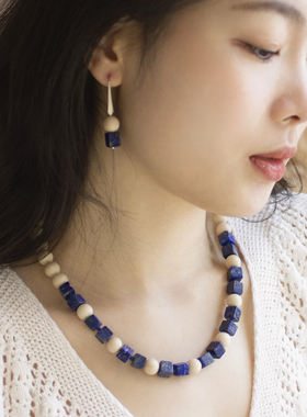 朗睦原创天然方块青金石项链新中式手工蓝色小众设计度假耳环套装