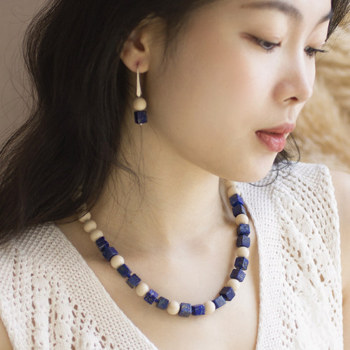 原创天然方块青金石耳环项链套装