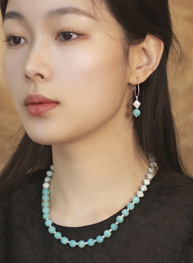 朗睦原创天然白松石海洋石新中式蓝色串珠项链女耳环套装小众设计