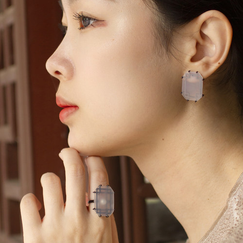 朗睦原创天然玛瑙白色长方花窗戒指耳环手工耳饰套装女小众设计感