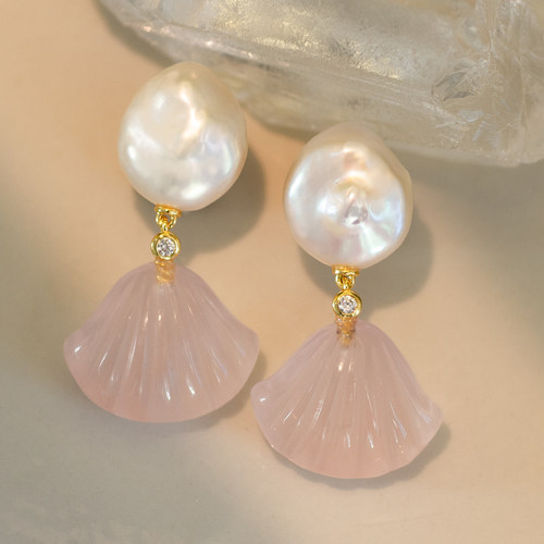 天然粉水晶巴洛克珍珠银针耳饰女