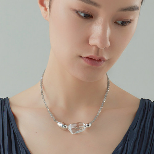 朗睦原创天然白水晶闪光石项链女
