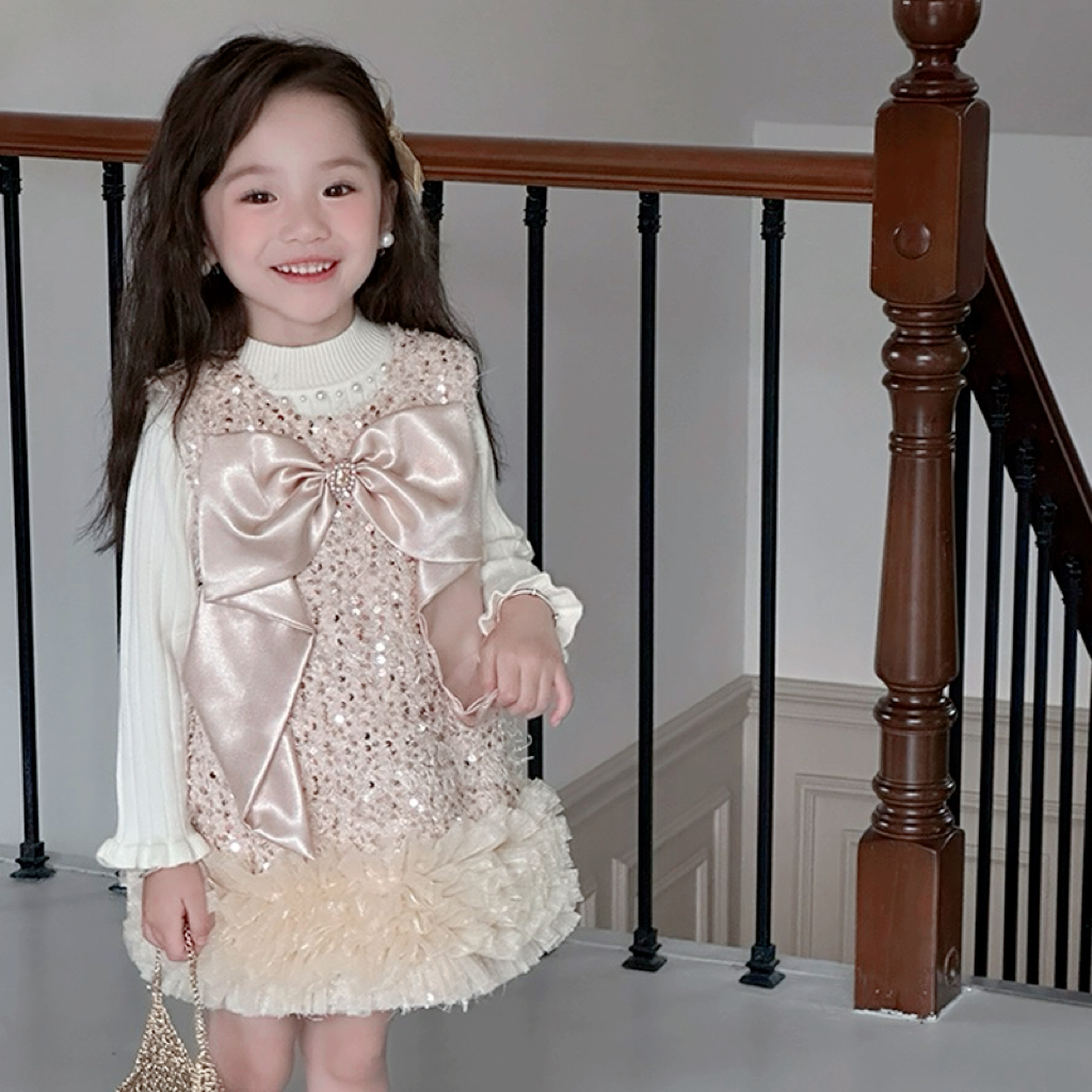 女童蝴蝶结加绒亮片连衣裙