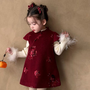 奶油baby女童拜年服国风连衣裙冬2025新款 女宝宝高级感加绒背心裙