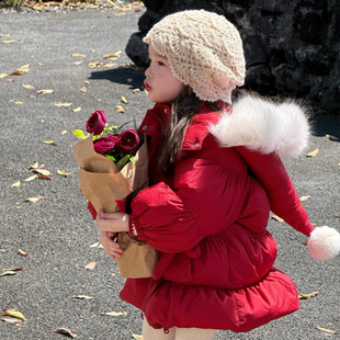 女童红色羽绒服洋气2025冬装新款女宝宝精灵帽节日新年装保暖外套