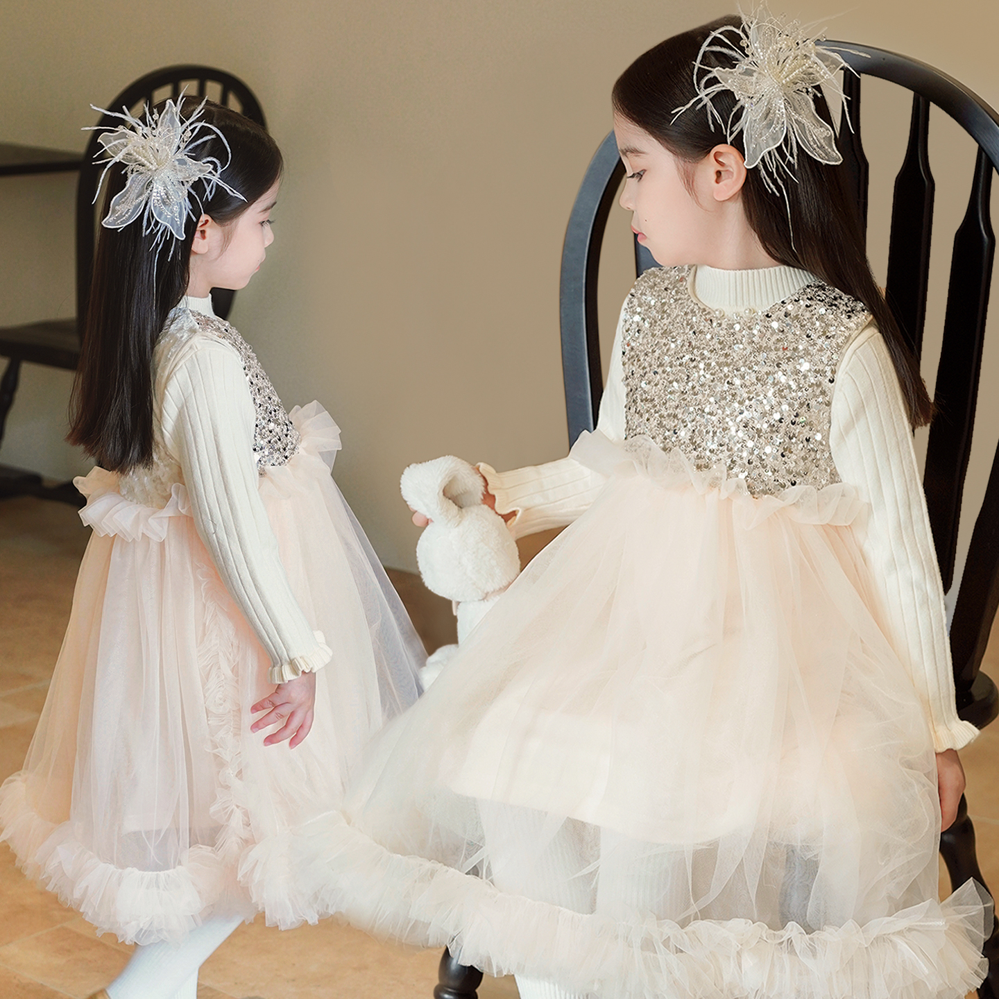 女童加绒亮片花朵蓬蓬公主背心裙