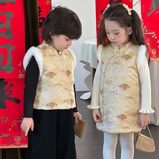 汉服男女童拜年服旗袍裙2025冬新中式女宝宝过年兄妹唐装国风马甲