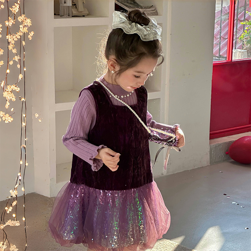 女童甜美丝绒拼接亮片背心裙