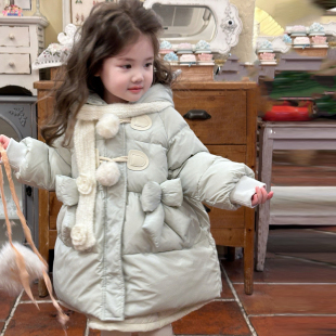 奶油baby女童羽绒服中长款2025冬装新款女宝宝蝴蝶结洋气保暖外套