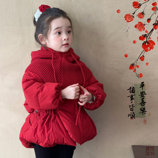 奶油baby新年女童红色羽绒服洋气冬2025新款 女宝宝国风拜年服外套