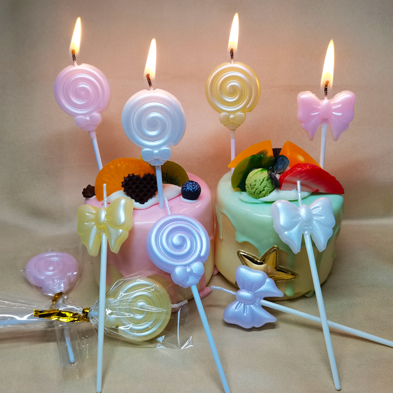 炫彩珠光棒棒糖蜡烛蝴蝶结生日蛋糕装饰派对用品摆件儿童创意插件
