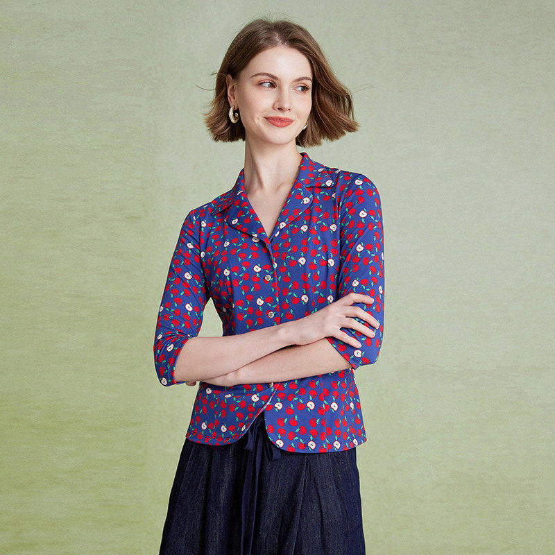 沐兰法式优雅印花衬衫女秋季小翻驳领修身显瘦长袖衬衣