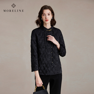 沐兰轻奢简约菱形格棉服女冬新款金线提花圆领棉衣棉袄外套