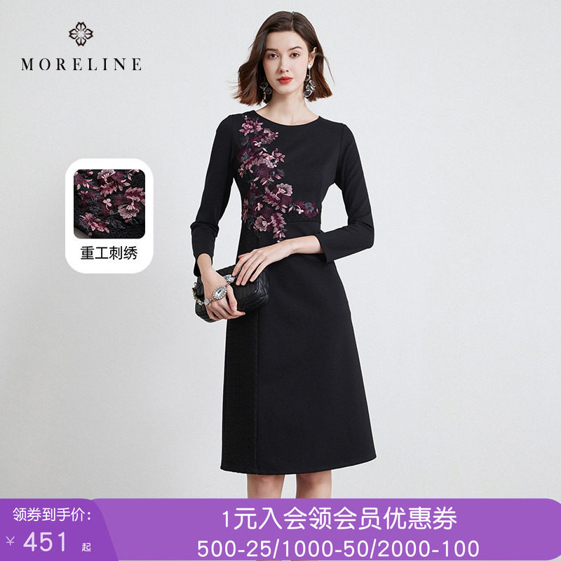 沐兰高级感重工刺绣连衣裙秋新款法式优雅圆领简约裙子中长款