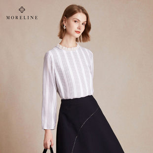 沐兰法式优雅木耳边气质竖条纹衬衫女秋季新款宽松百搭上衣