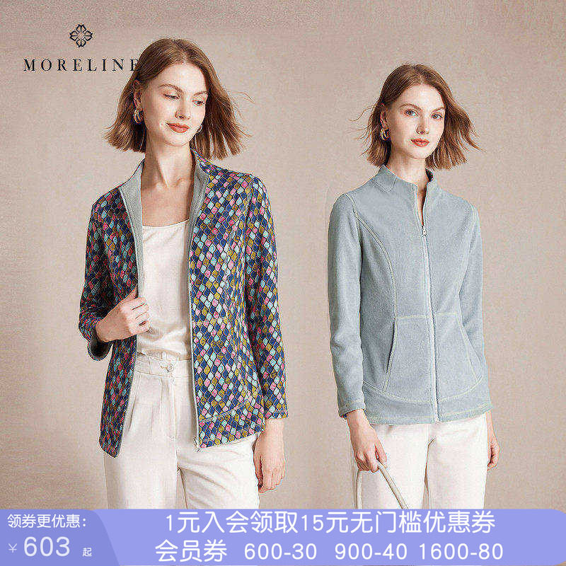 沐兰设计感双面穿短外套女冬撞色印花时尚修身拉链上衣