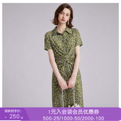 沐兰优雅褶皱设计收腰显瘦连衣裙夏装 新款 气质翻领波点中长裙