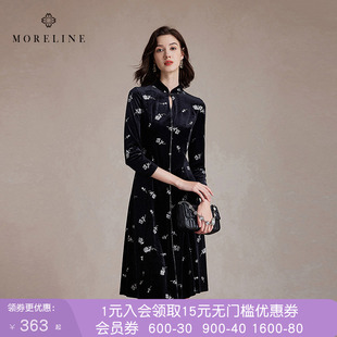 沐兰高级感新中式印花连衣裙冬新款优雅改良式旗袍裙中长款