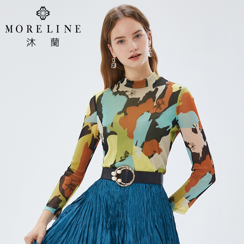 沐兰桑蚕丝衬衫秋装女士时尚印花圆领真丝针织长袖上衣