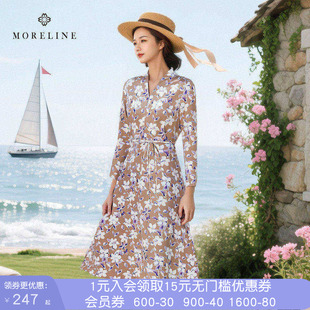沐兰轻奢设计感印花连衣裙秋新款高级感V领修身A字裙中长款