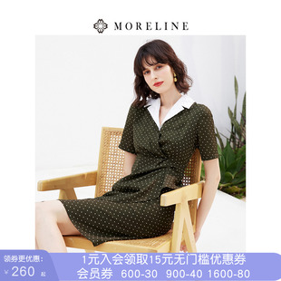 沐兰复古经典波点连衣裙夏装新款蕾丝翻领短袖衬衫裙子中长款