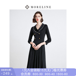 沐兰轻奢蕾丝拼接针织连衣裙春装新款西装翻领裙子收腰大摆裙