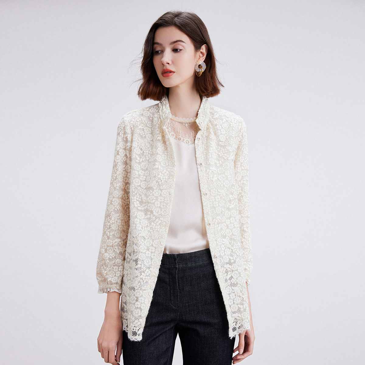 沐兰蕾丝宽松衬衫外套2024春秋款
