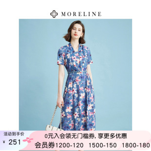 沐兰高级感小众印花压褶连衣裙夏装 新款 腰带高腰裙子中长款