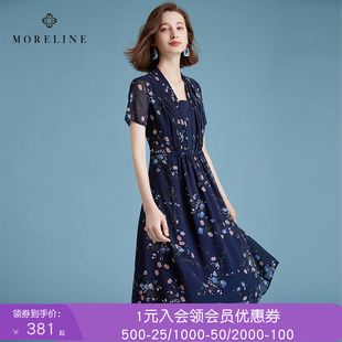 沐兰高级感小众印花压褶连衣裙夏装新款修身高腰A字裙中长款