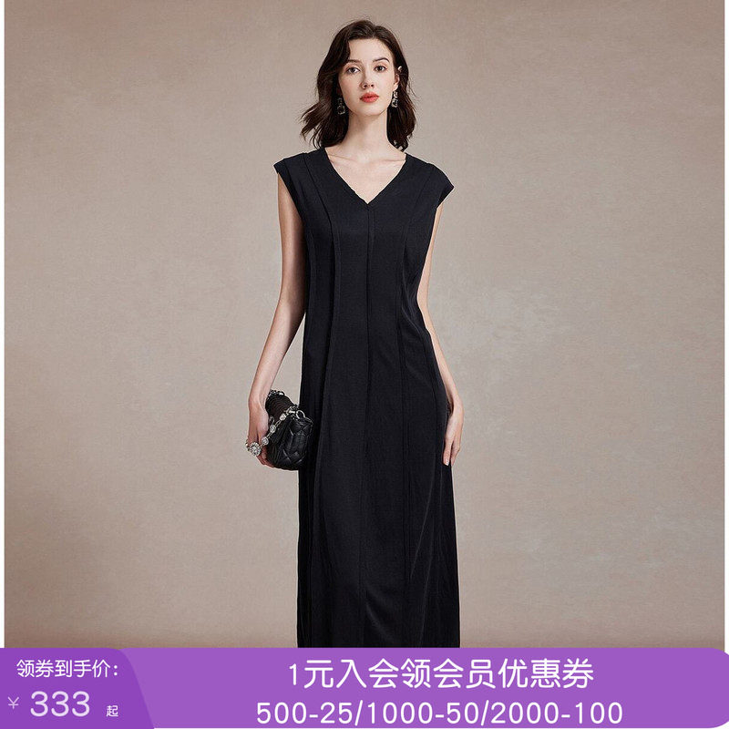 沐兰简约设计V领无袖连衣裙夏新款收腰显瘦A字裙中长款