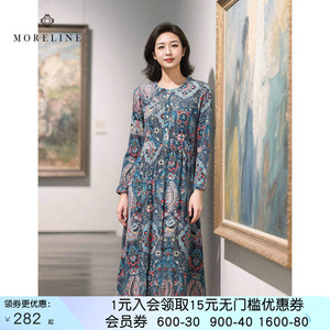 沐兰商场同款复古腰果花长袖连衣裙春秋新款高腰修身A字裙