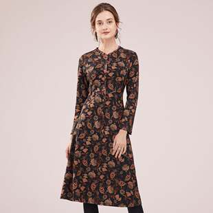 沐兰商场同款设计感印花连衣裙秋冬新款长裙A字裙中长款