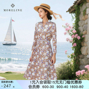沐兰轻奢设计感印花连衣裙秋新款高级感V领修身A字裙中长款